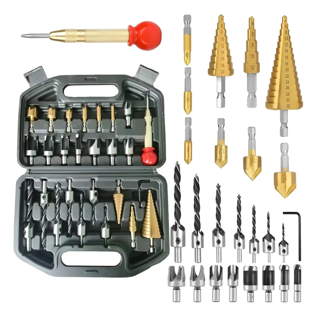 Kit Profesional de Brocas Avellanadoras 26 Piezas para Carpintería de Precisión