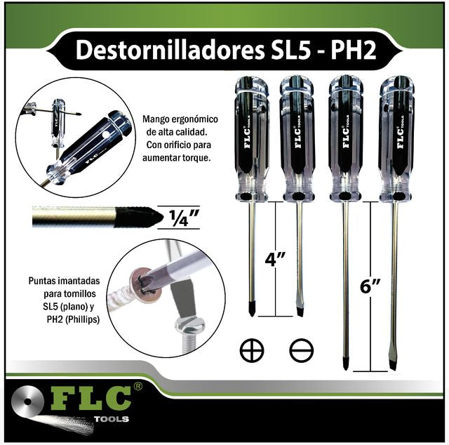 Destornillador Profesional SL5 y PH2 4" y 6" FLC Tools Al Por Mayor