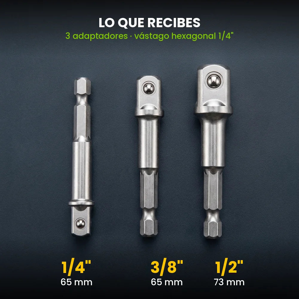 medidas de los tres adaptadores de 1/4, 3/8 y 1/2 pulgada