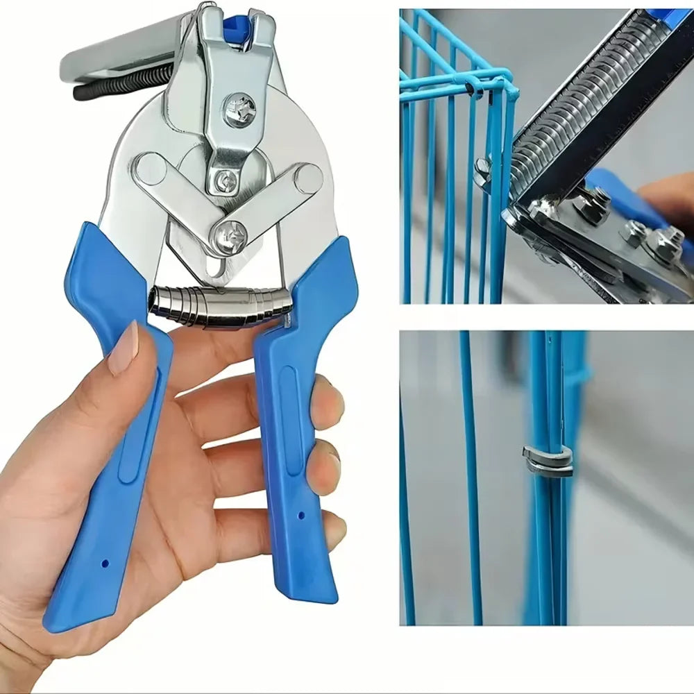 Mano sosteniendo el alicate grapadora para anillos tipo C