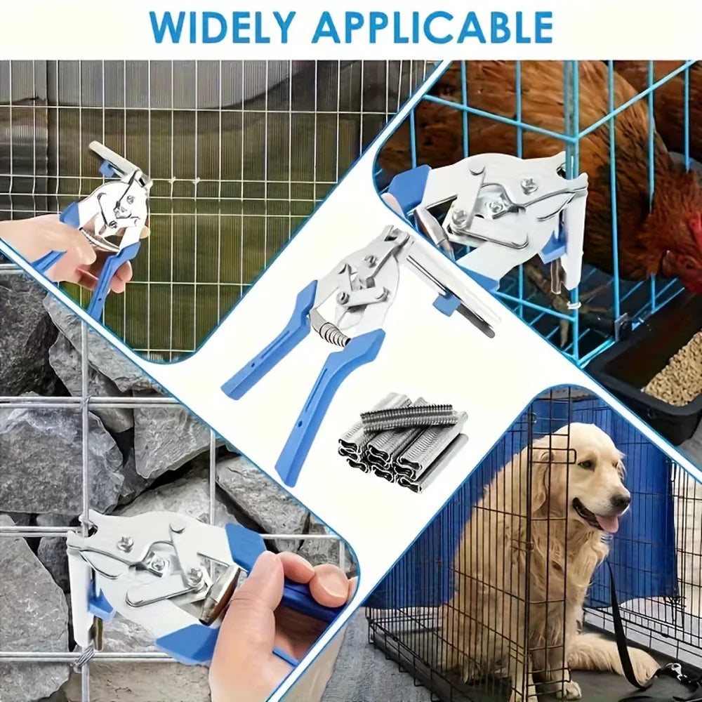 Alicate grapadora aplicado en cerca, jaula para mascotas y gallinero