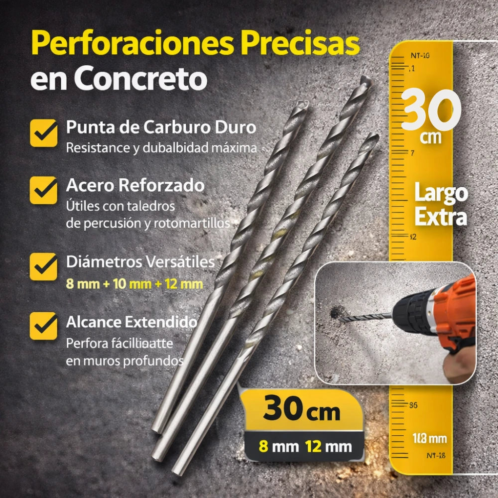 Brocas Para Muro Largas 30cm Set X3 8 10 Y 12mm