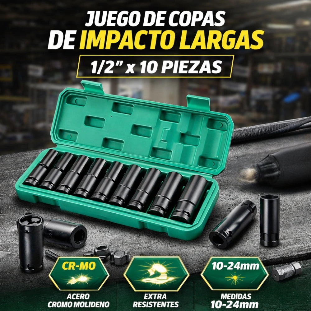 Juego De Copas De Impacto Largas De 1/2 X 10 Piezas Mecanica