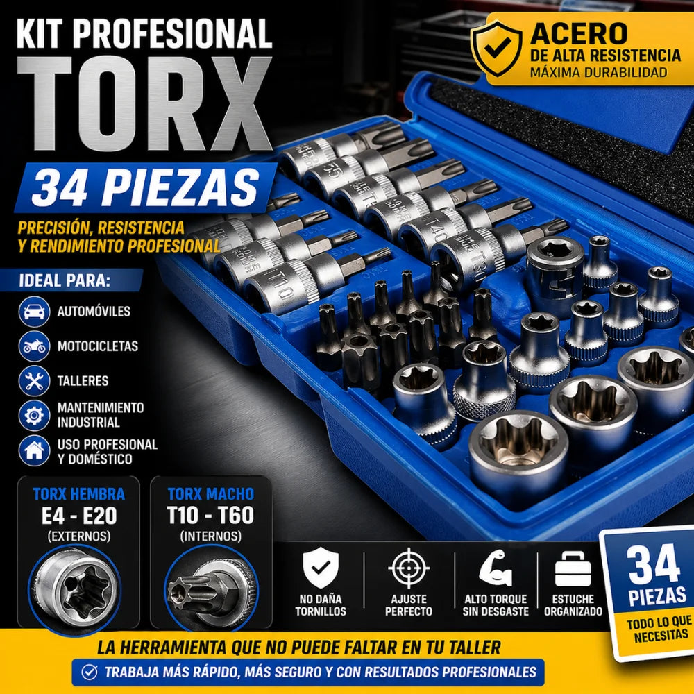 Juego de Copas Torx 34 Piezas para Mecánica Profesional