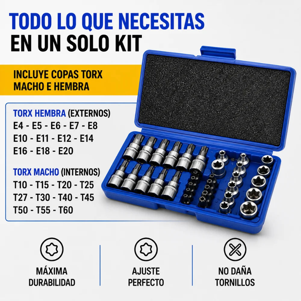 Juego de Copas Torx 34 Piezas para Mecánica Profesional