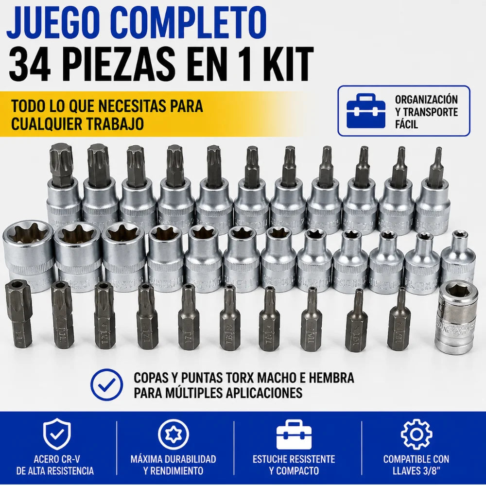 Juego de Copas Torx 34 Piezas para Mecánica Profesional