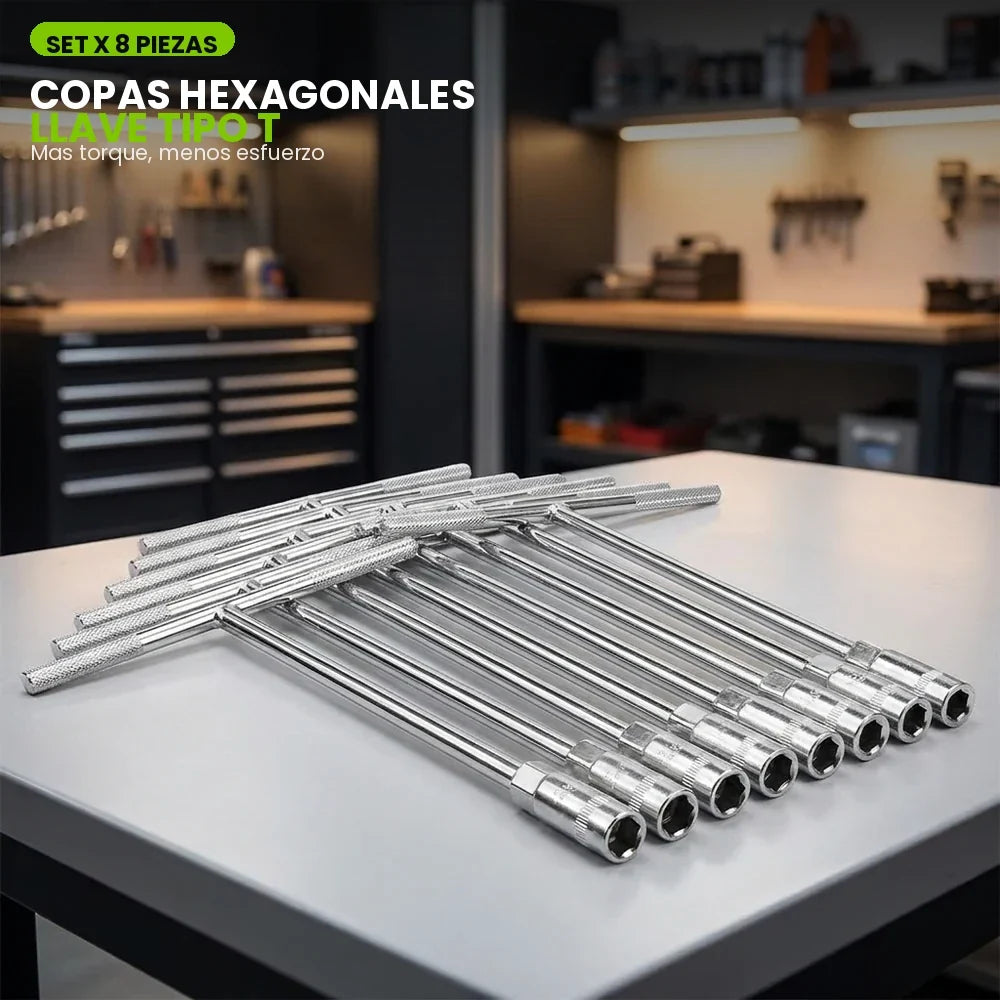 Juego de copas hexagonales llave tipo T 8 piezas, mango en T para mayor torque