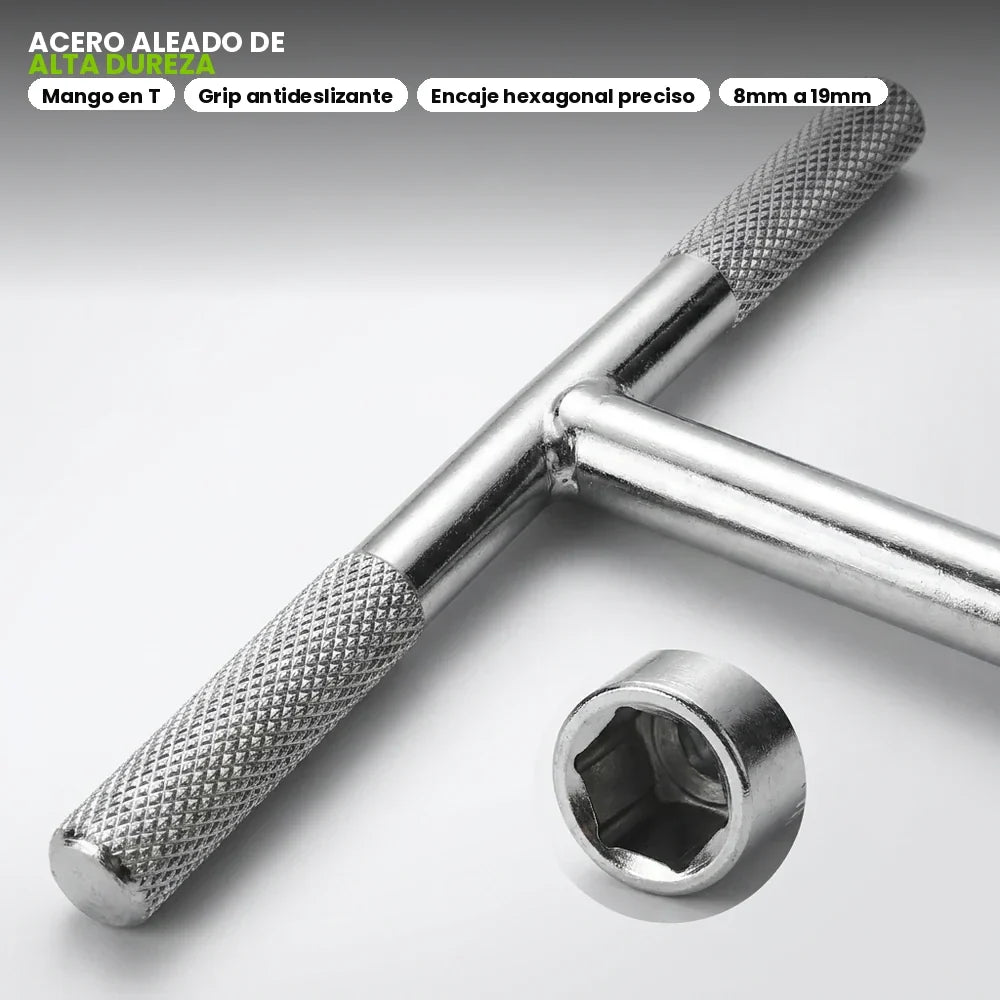 Detalle en acero aleado de alta dureza, mango con grip antideslizante y encaje hexagonal preciso 8 a 19mm