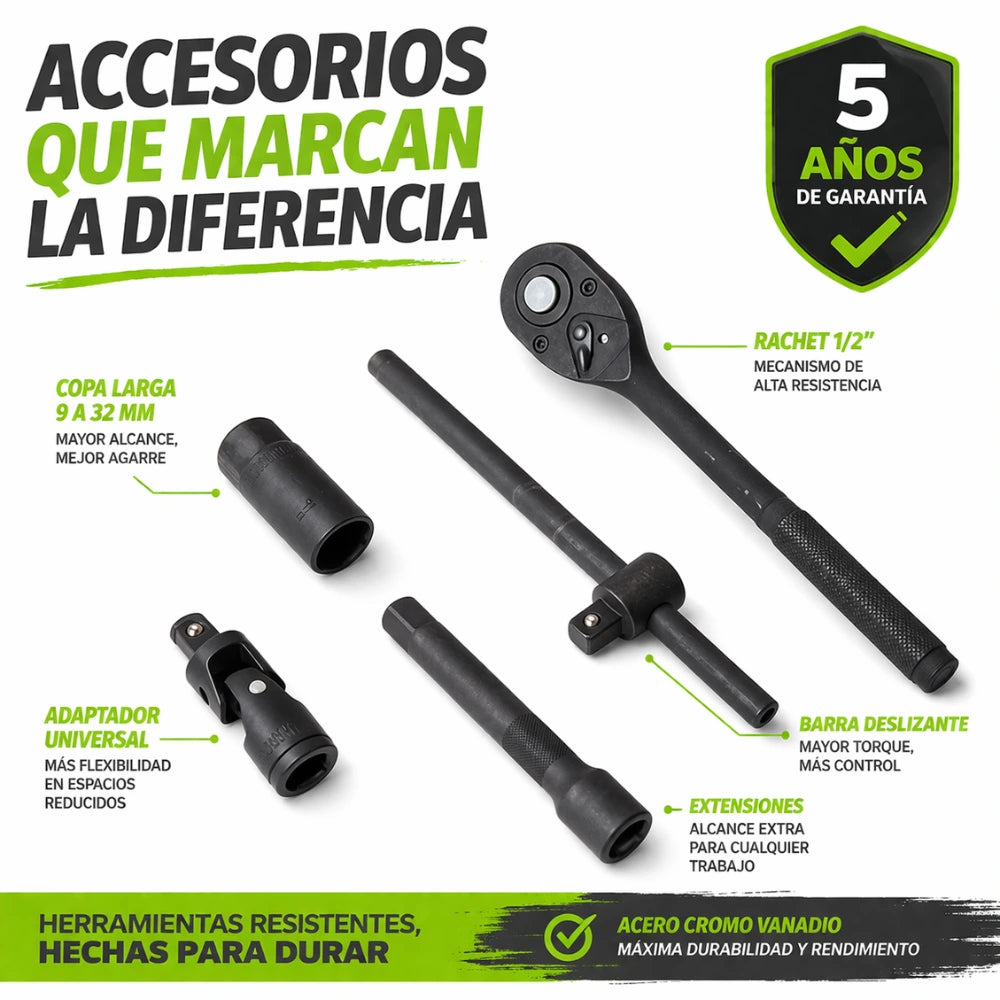 Juego de Rachet 1/2 Profesional con Copas Largas (22 Piezas) – Hecho para Talleres