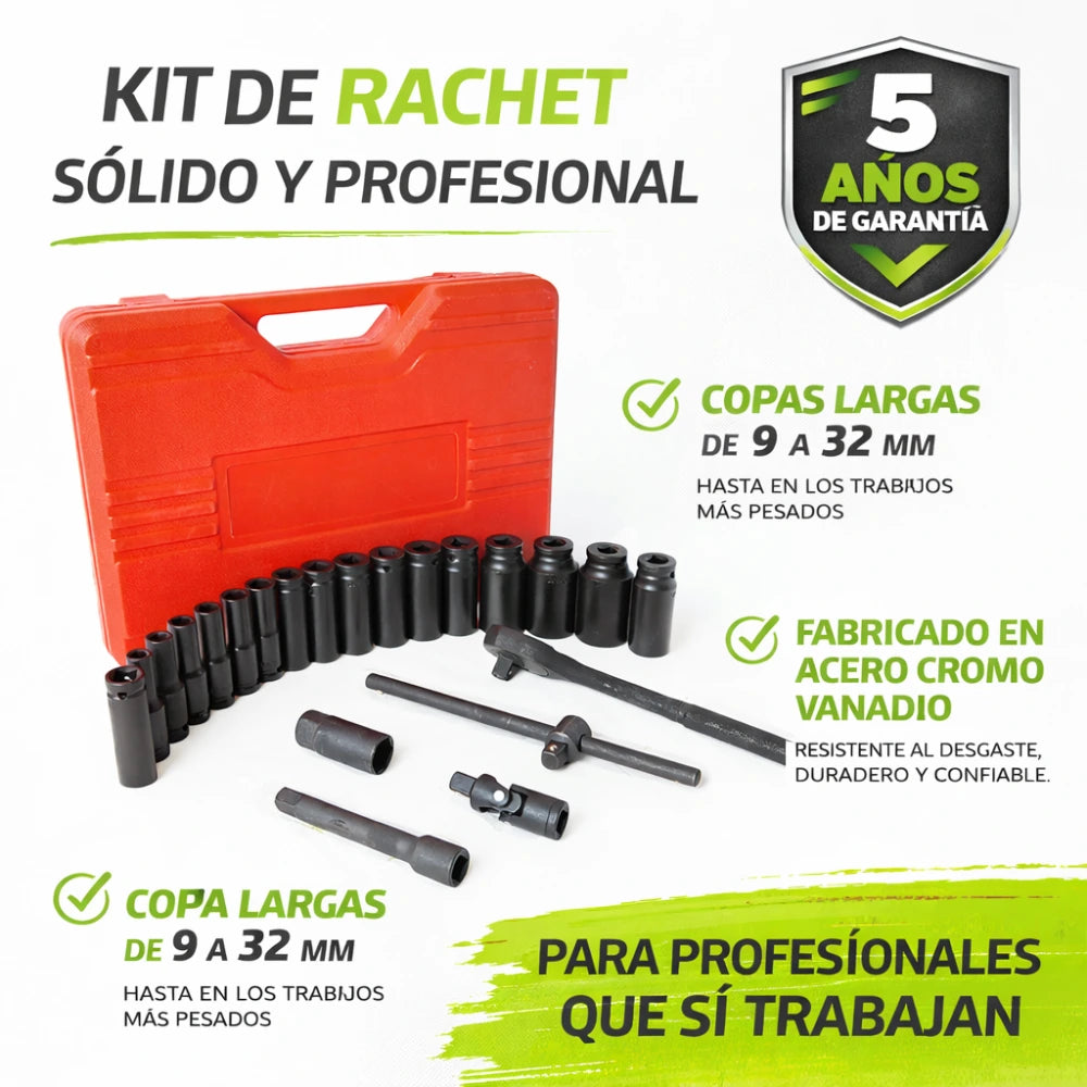 Juego de Rachet 1/2 Profesional con Copas Largas (22 Piezas) – Hecho para Talleres