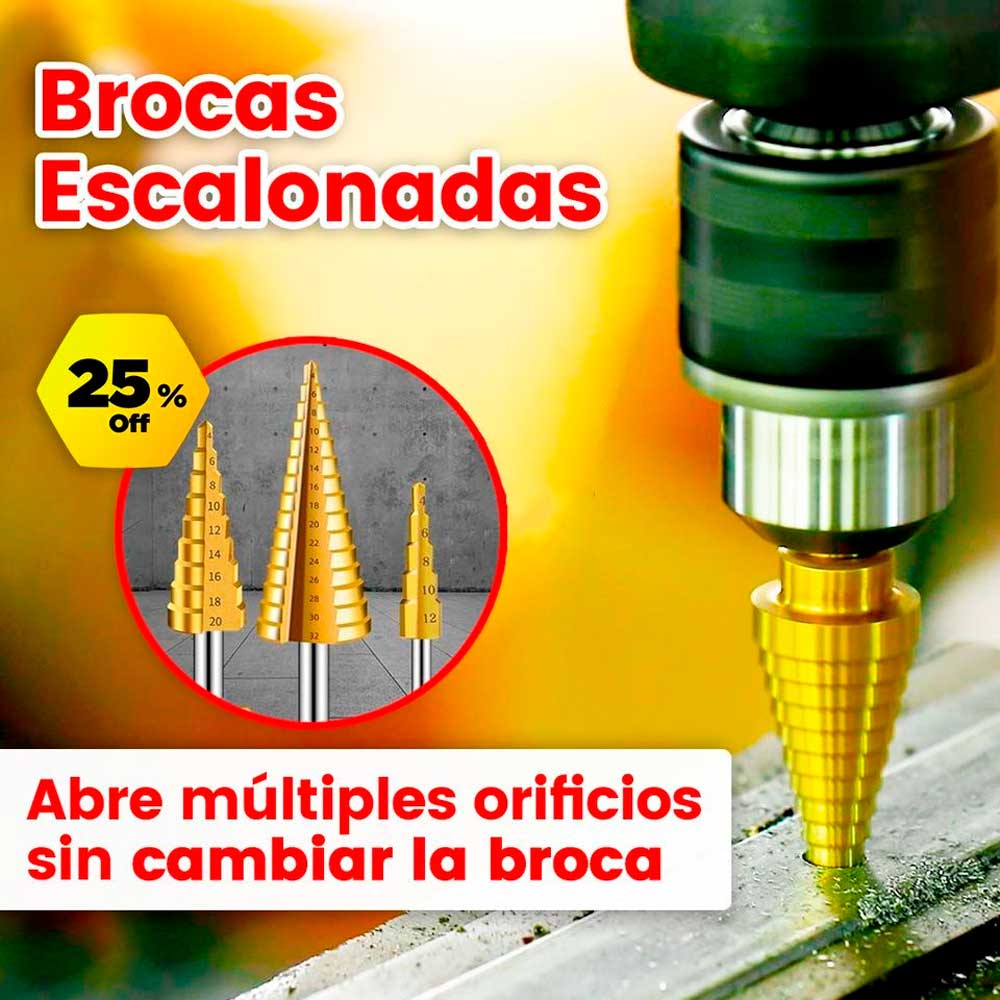 Brocas Escalonadas Hss Juego 3 Piezas Para Madera Metal PVC Y Mas