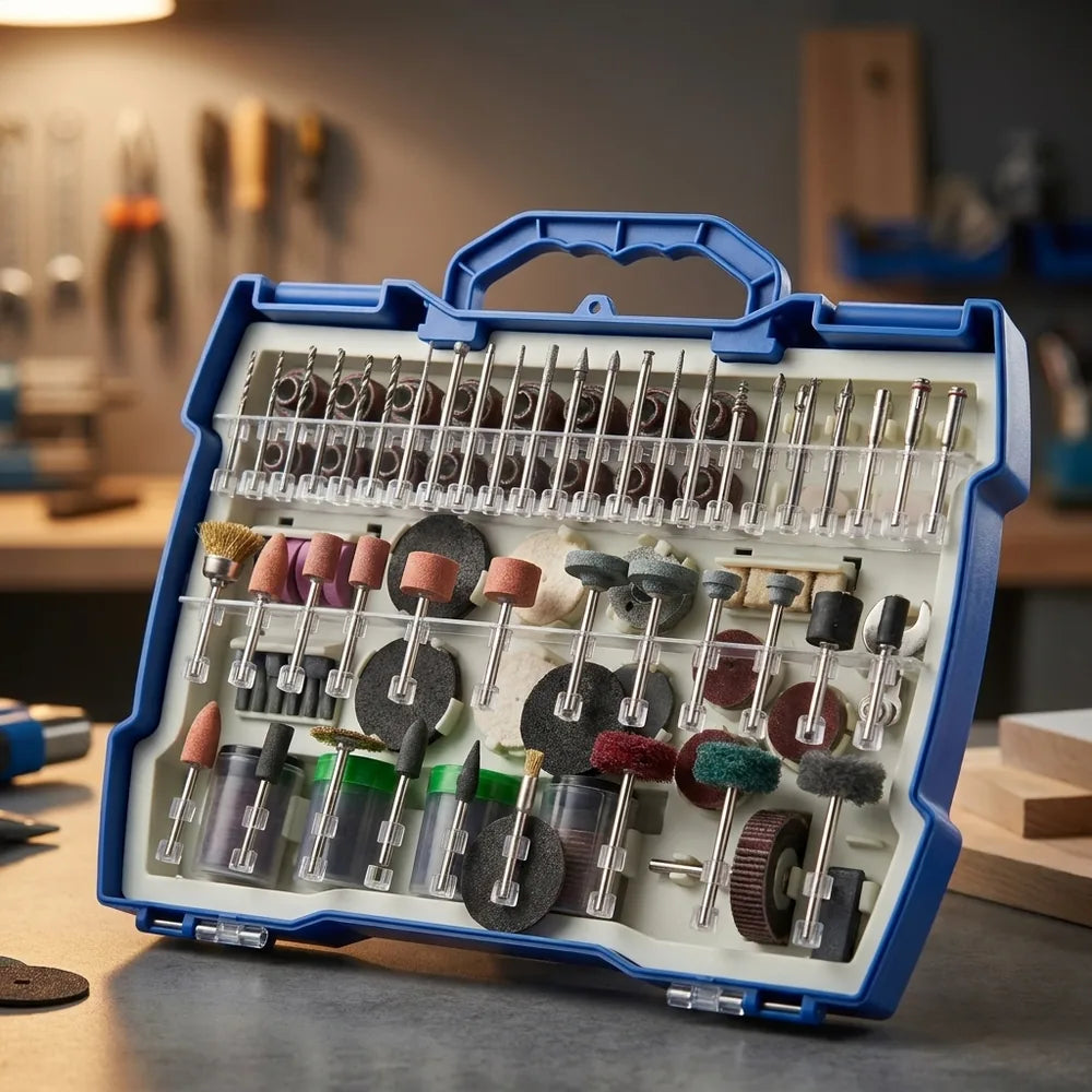 Kit de discos y brocas para mototool 268 piezas maletín organizador abierto