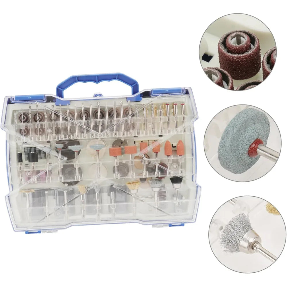 Fila de brocas y accesorios de mototool en primer plano