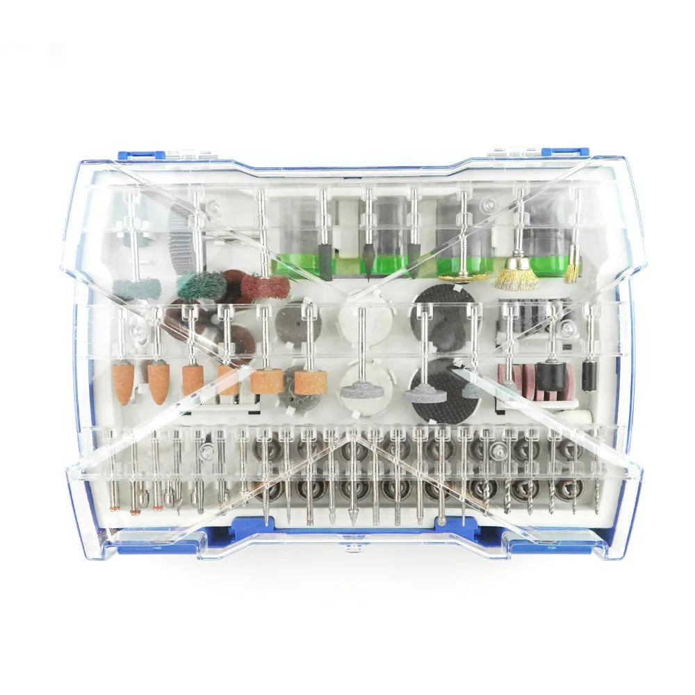 Maletín del kit de accesorios para mototool visto en ángulo lateral