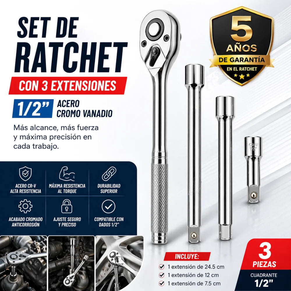 Rachet 1/2” con 3 Extensiones – Durabilidad, Alcance y Garantía Exclusiva