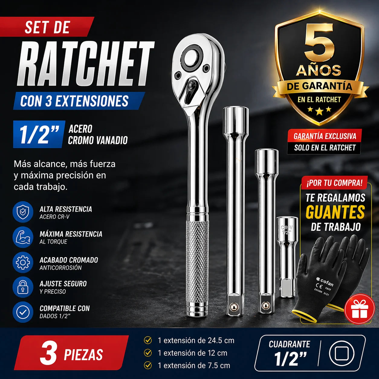 Rachet 1/2” con 3 Extensiones – Durabilidad, Alcance y Garantía Exclusiva