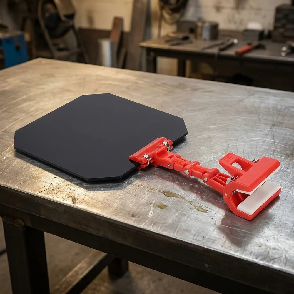 panel protector de soldadura y clamp sobre banco metálico, vista de medidas