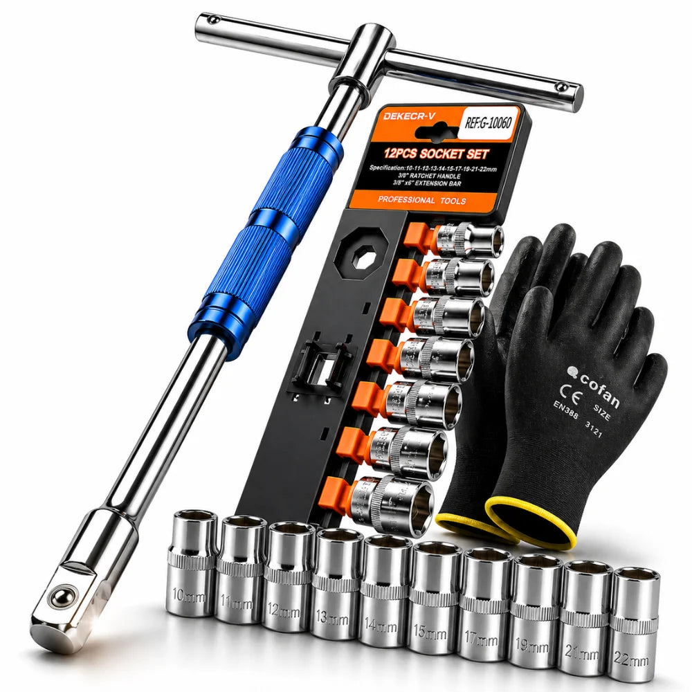 Kit Llave en T 3 Cuadrantes + 9 Copas 3/8 + Guantes + Pesca Magnética para Mecánica Profesional