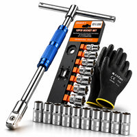 Thumbnail for Kit Llave en T 3 Cuadrantes + 9 Copas 3/8 + Guantes + Pesca Magnética para Mecánica Profesional