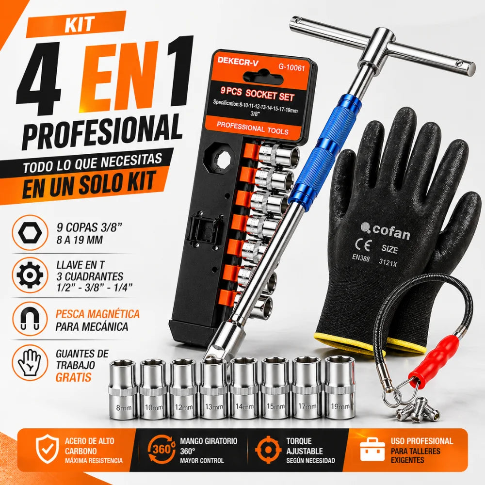 Kit Llave en T 3 Cuadrantes + 9 Copas 3/8 + Guantes + Pesca Magnética para Mecánica Profesional