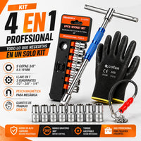 Thumbnail for Kit Llave en T 3 Cuadrantes + 9 Copas 3/8 + Guantes + Pesca Magnética para Mecánica Profesional