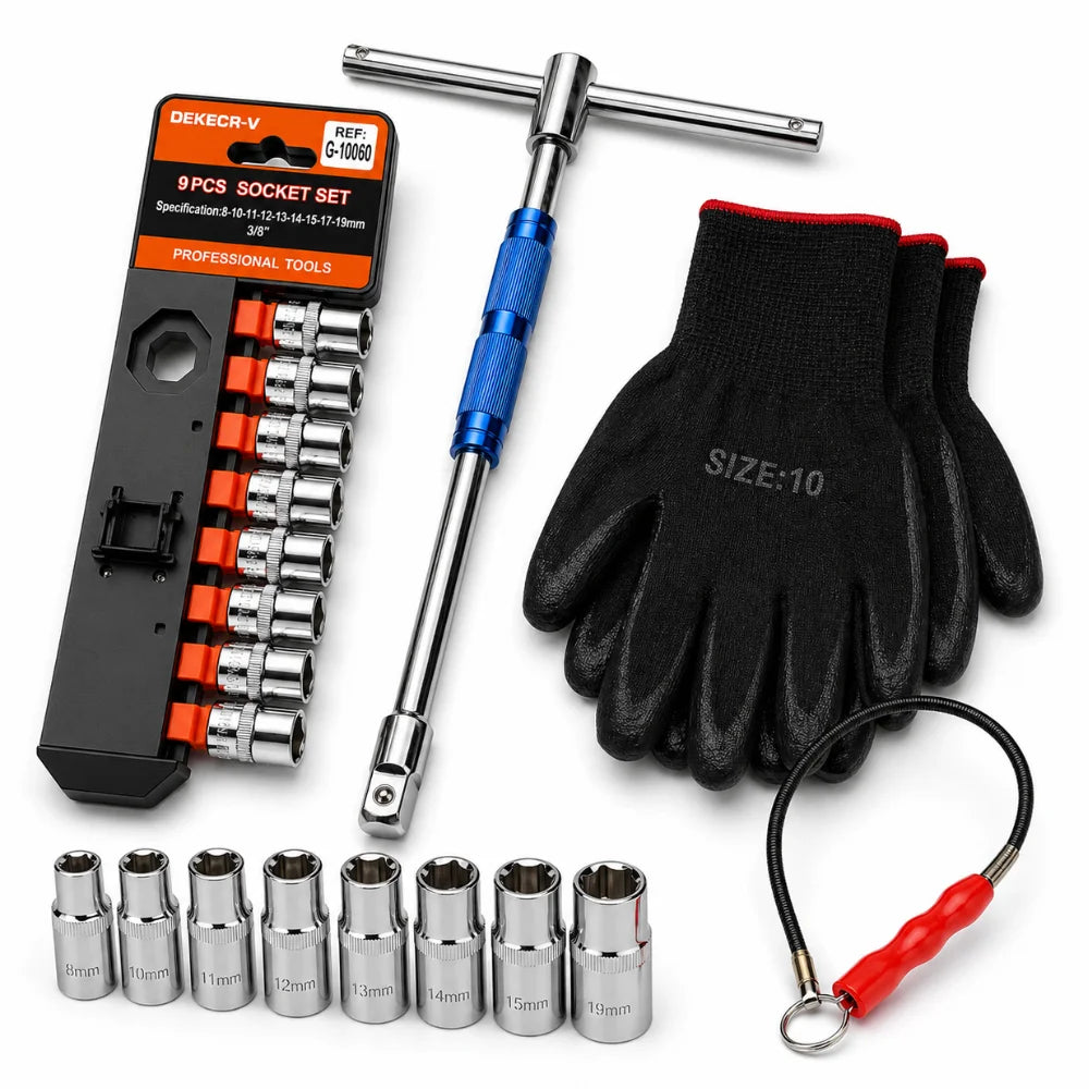 Kit Llave en T 3 Cuadrantes + 9 Copas 3/8 + Guantes + Pesca Magnética para Mecánica Profesional