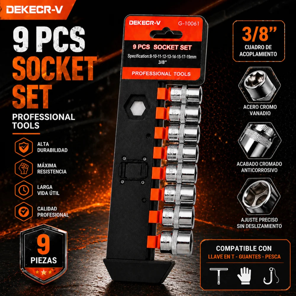 Kit Llave en T 3 Cuadrantes + 9 Copas 3/8 + Guantes + Pesca Magnética para Mecánica Profesional