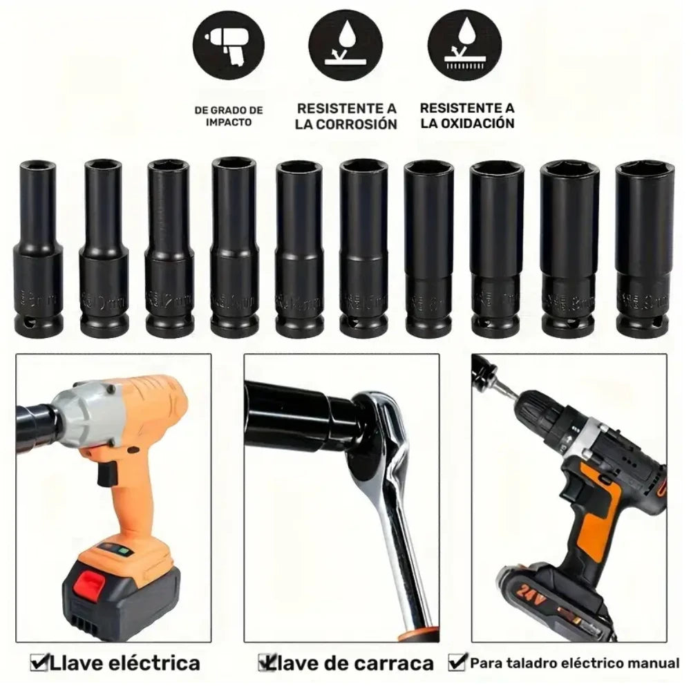 Juego De Copas De Impacto Largas De 1/2 X 10 Piezas Mecanica